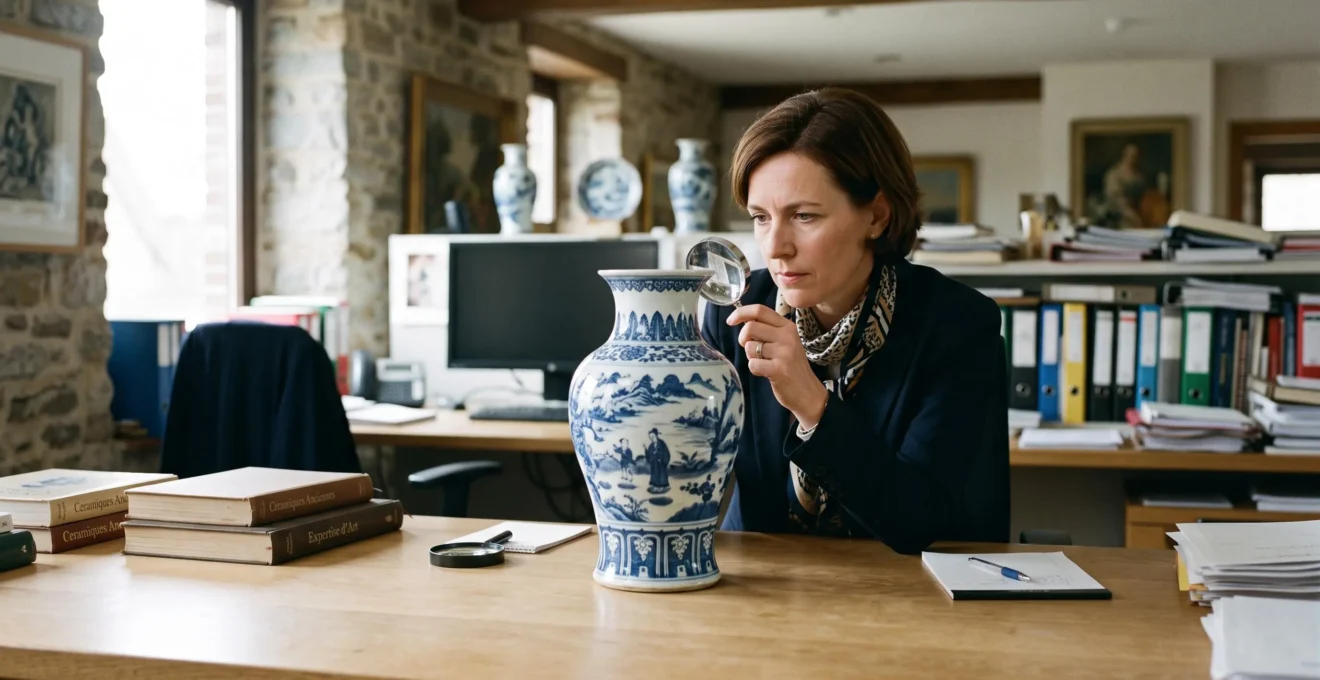 Vase en porcelaine examiné sur une table lors d'une estimation d'objet d'art