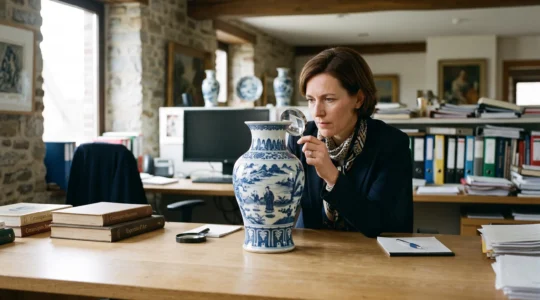 Vase en porcelaine examiné sur une table lors d'une estimation d'objet d'art
